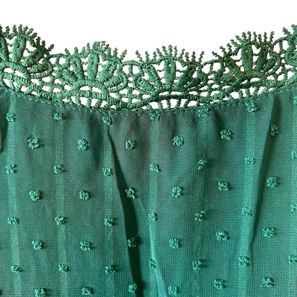 Green Lace Trim Textured Blouse | Size 3X | Elegant V-Neck Short Sleeve Top - Picture 7 of 12